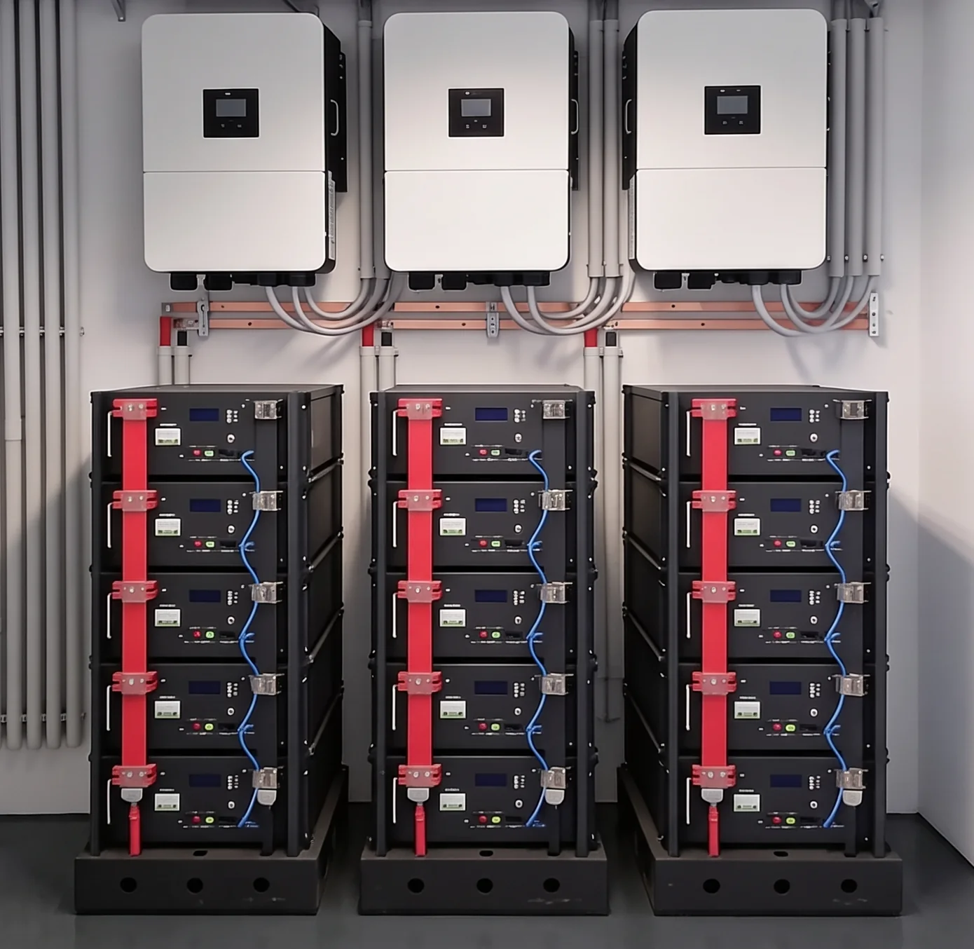 Three COR.stor battery storage units with inverters in a plant room