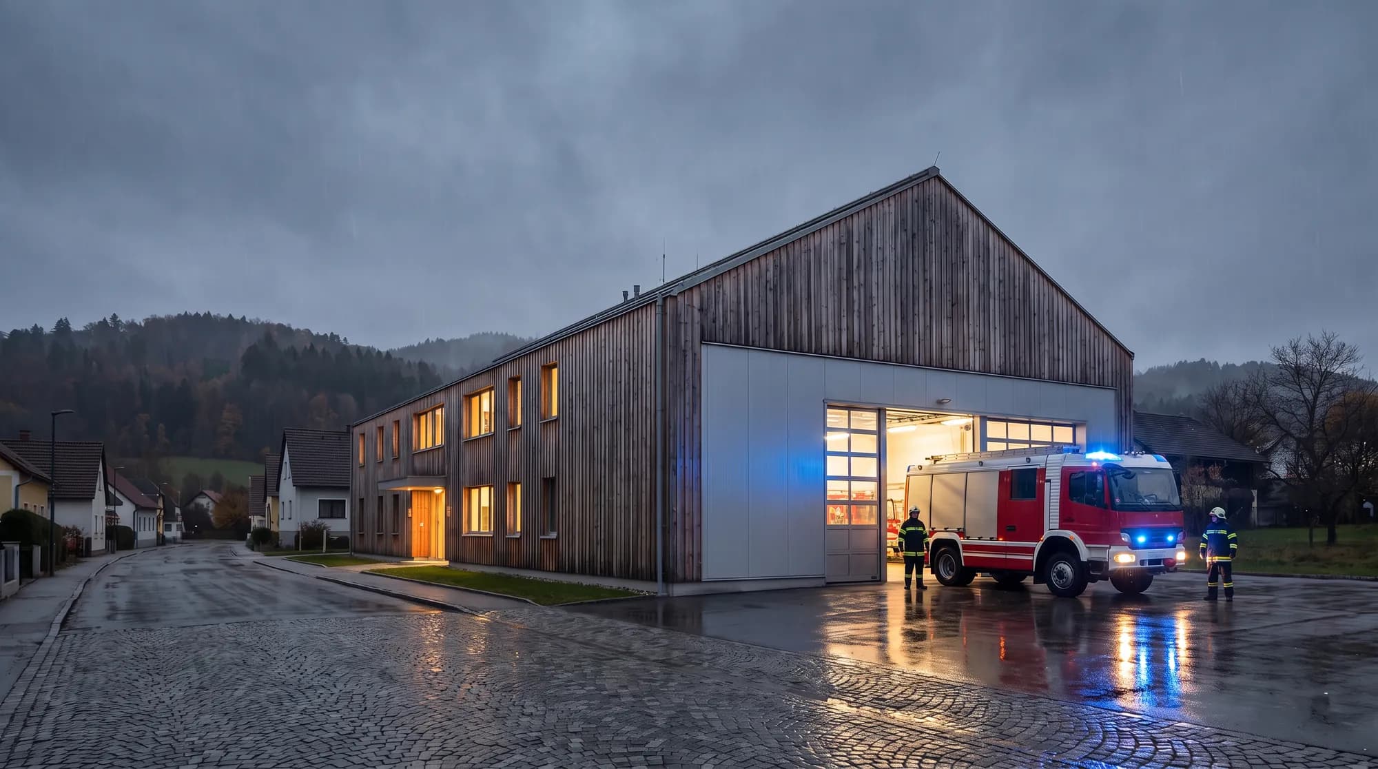 Fire station in the rain, fire engine in the open door