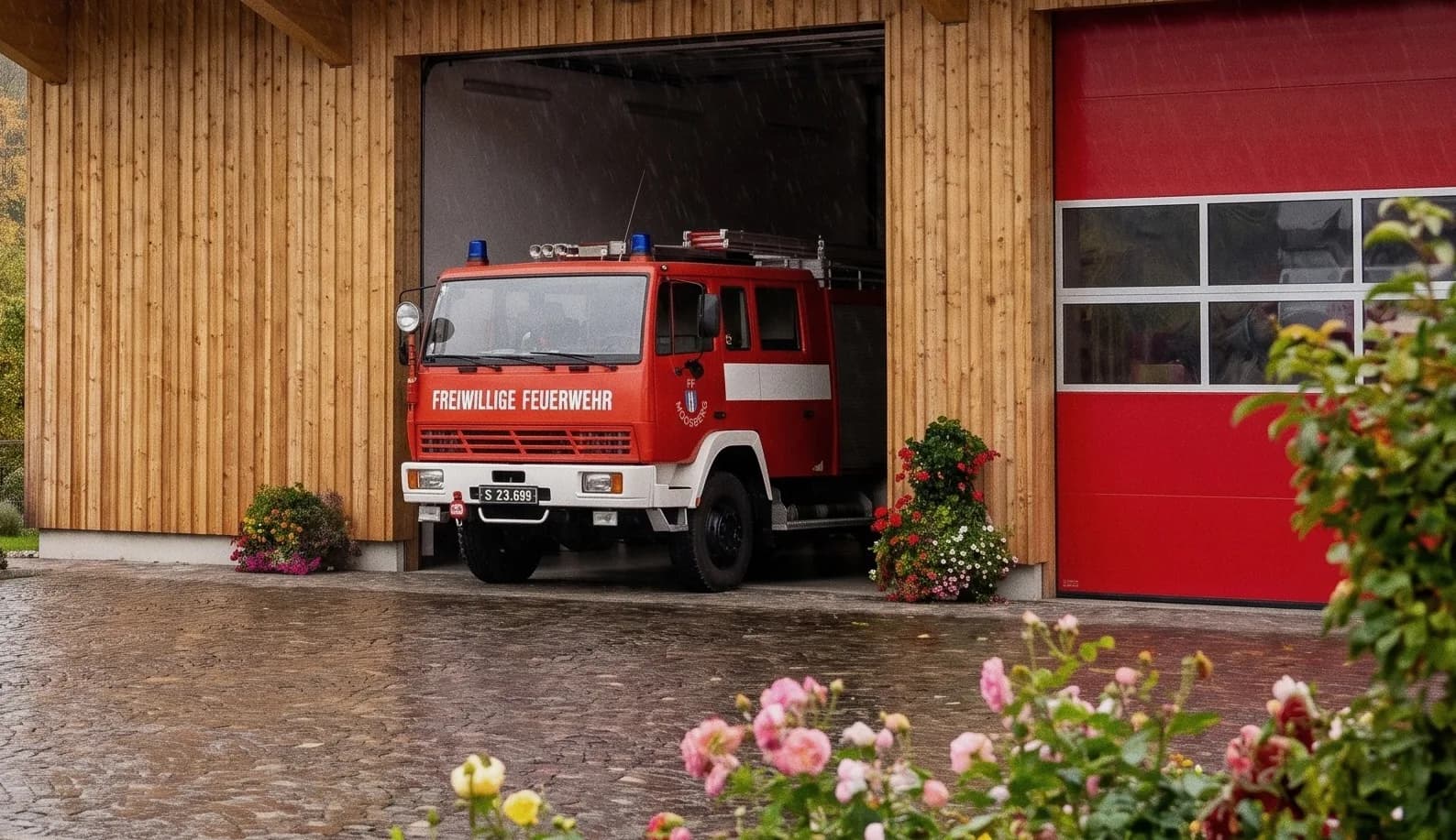 Feuerwehrhaus im Regen, Einsatzfahrzeug im offenen Tor