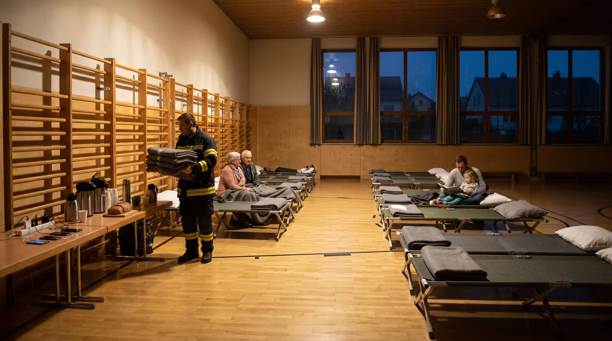 School gym set up as an emergency shelter: camp beds with blankets, a firefighter bringing more, tea and bread on the table