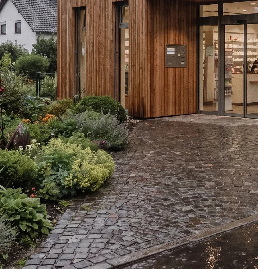 Eingang einer Apotheke mit Holzfassade, Garten und Pflasterweg im Regen