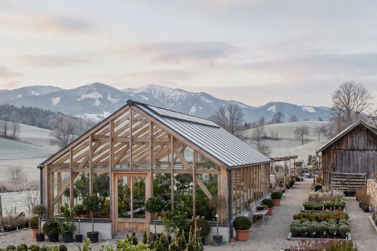 Glashaus einer Gärtnerei vor verschneiten Voralpen