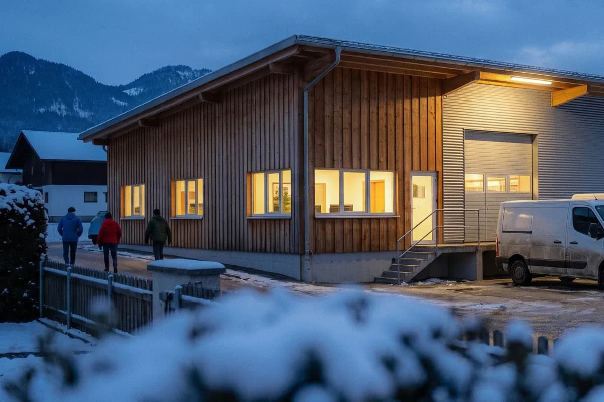 Gewerbehalle mit Holzfassade in der Winterdämmerung, beleuchtete Fenster