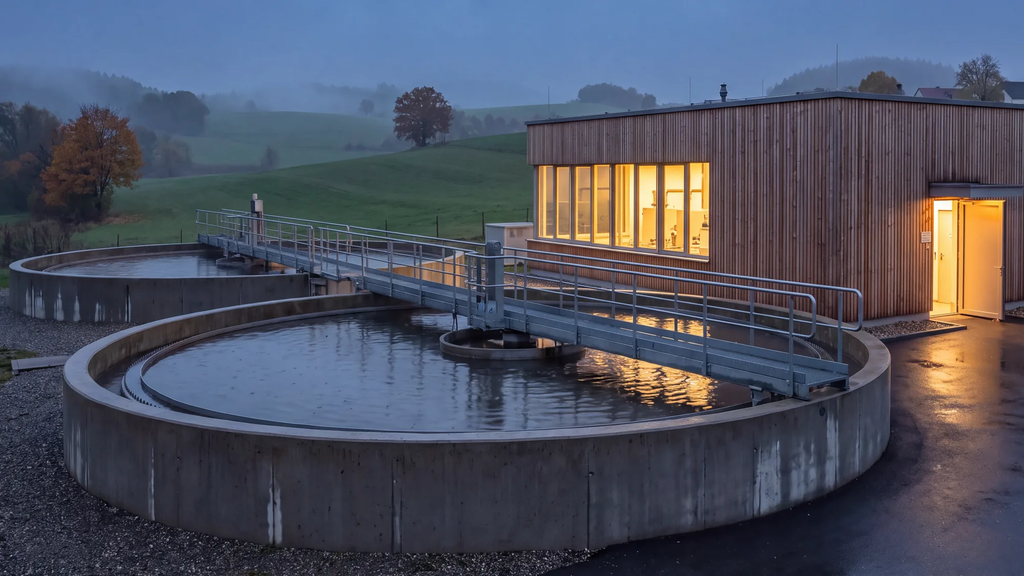 Rural wastewater treatment plant at blue hour: round clarifier basins with a walkway, behind them a lit operations building with timber cladding and an open door