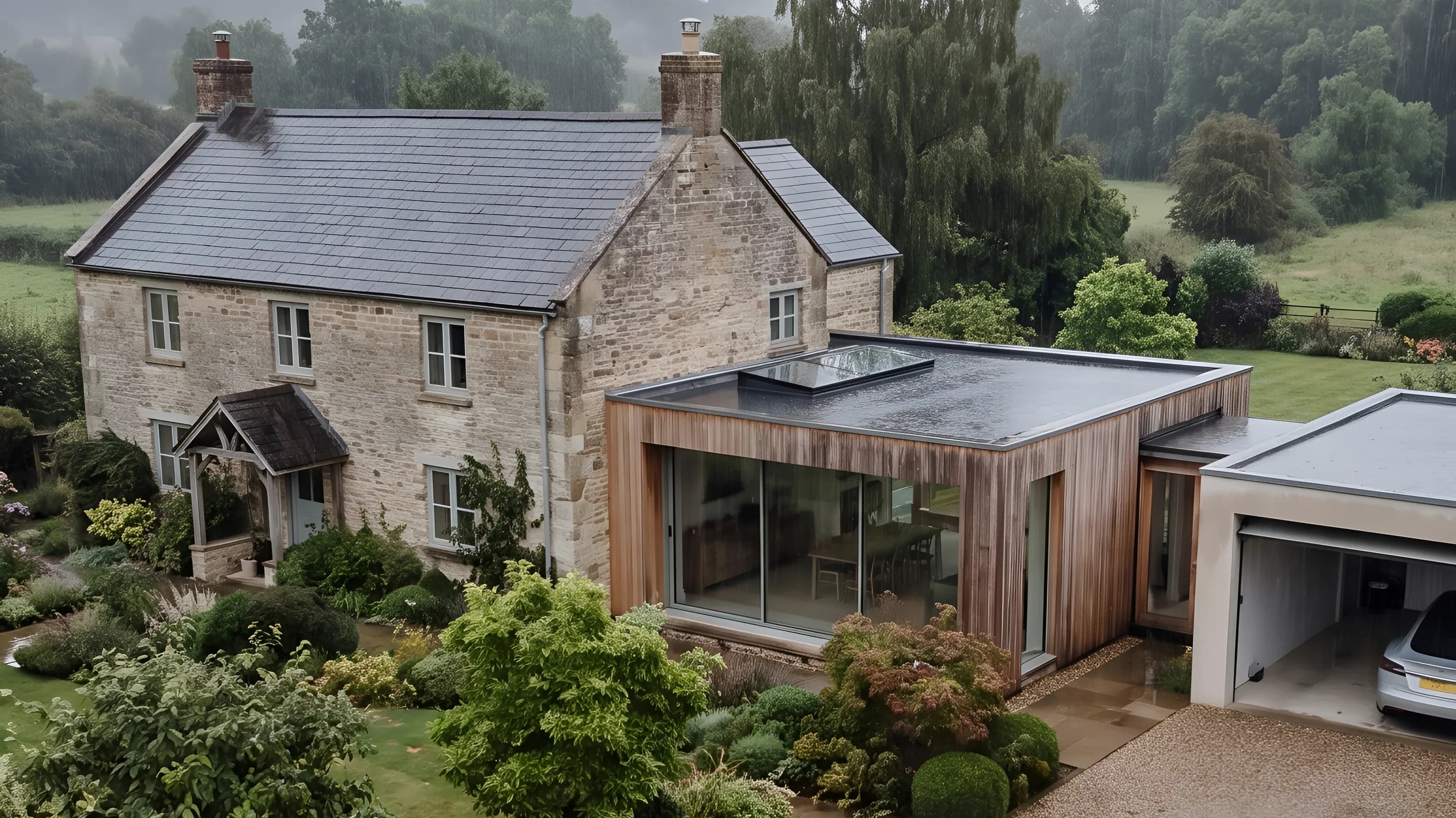 Landhaus mit modernem Zubau, Regen und Nebel über der Landschaft