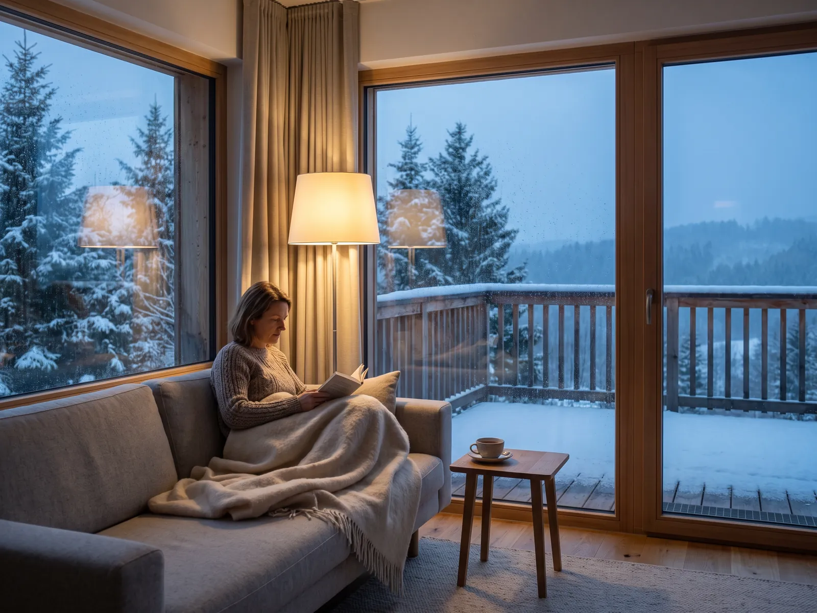 Living room on a winter evening: a woman wrapped in a blanket reading on the sofa, a floor lamp lit, snow on the terrace and the trees outside.