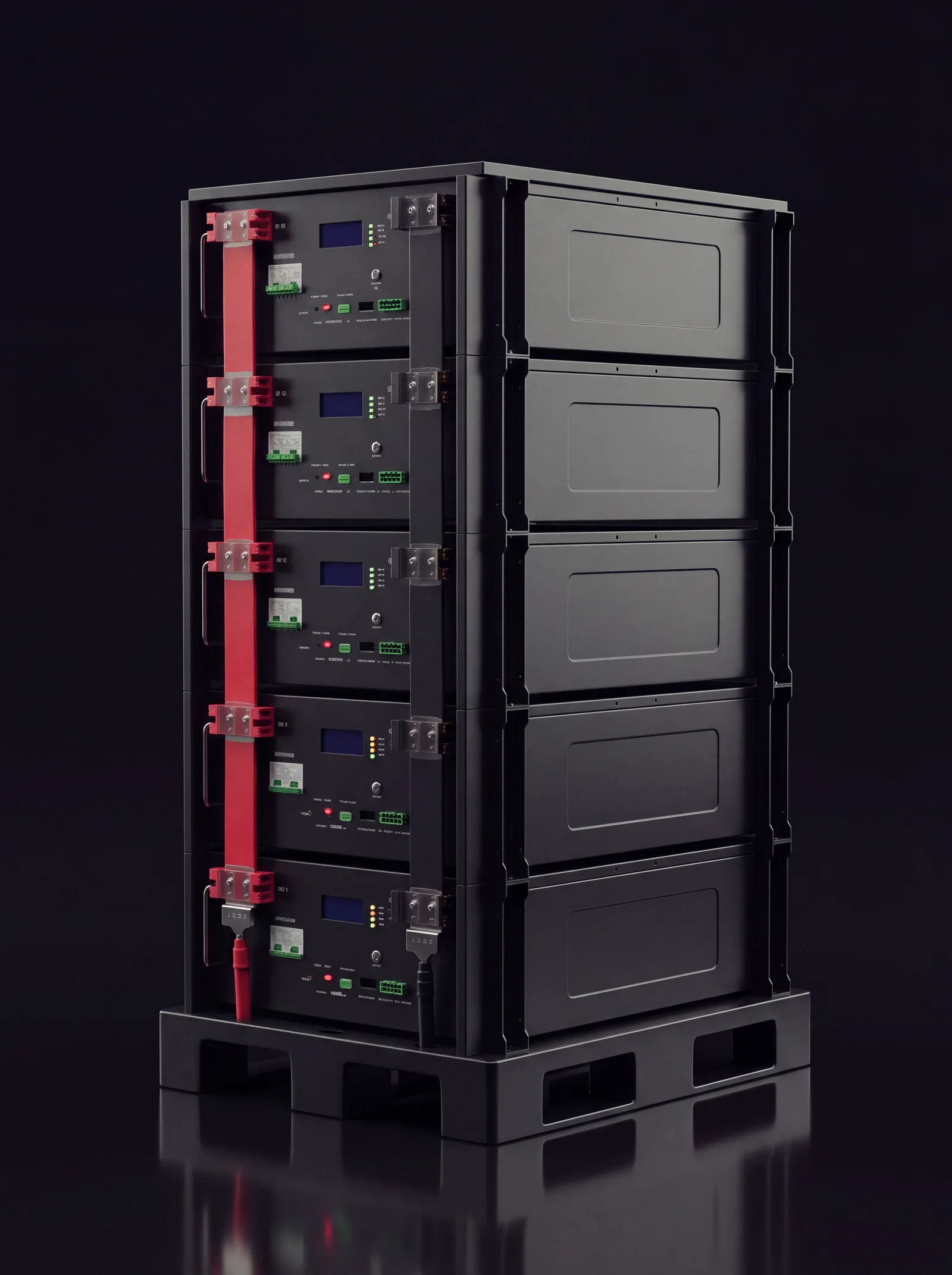 COR.stor with five battery packs, isolated on a dark background