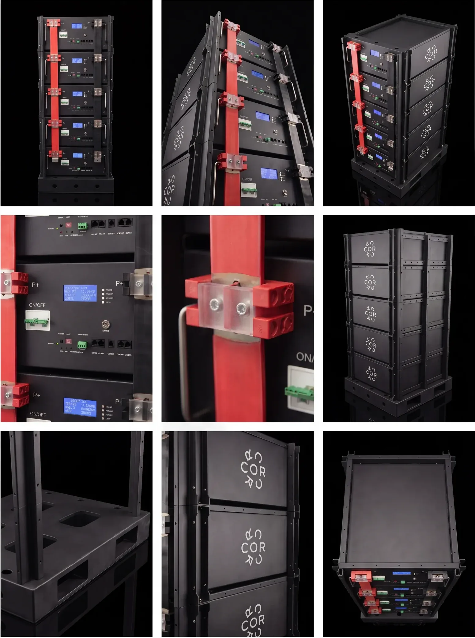 COR.stor Batteriespeicher — Detailansichten des modularen LiFePO₄-Racks