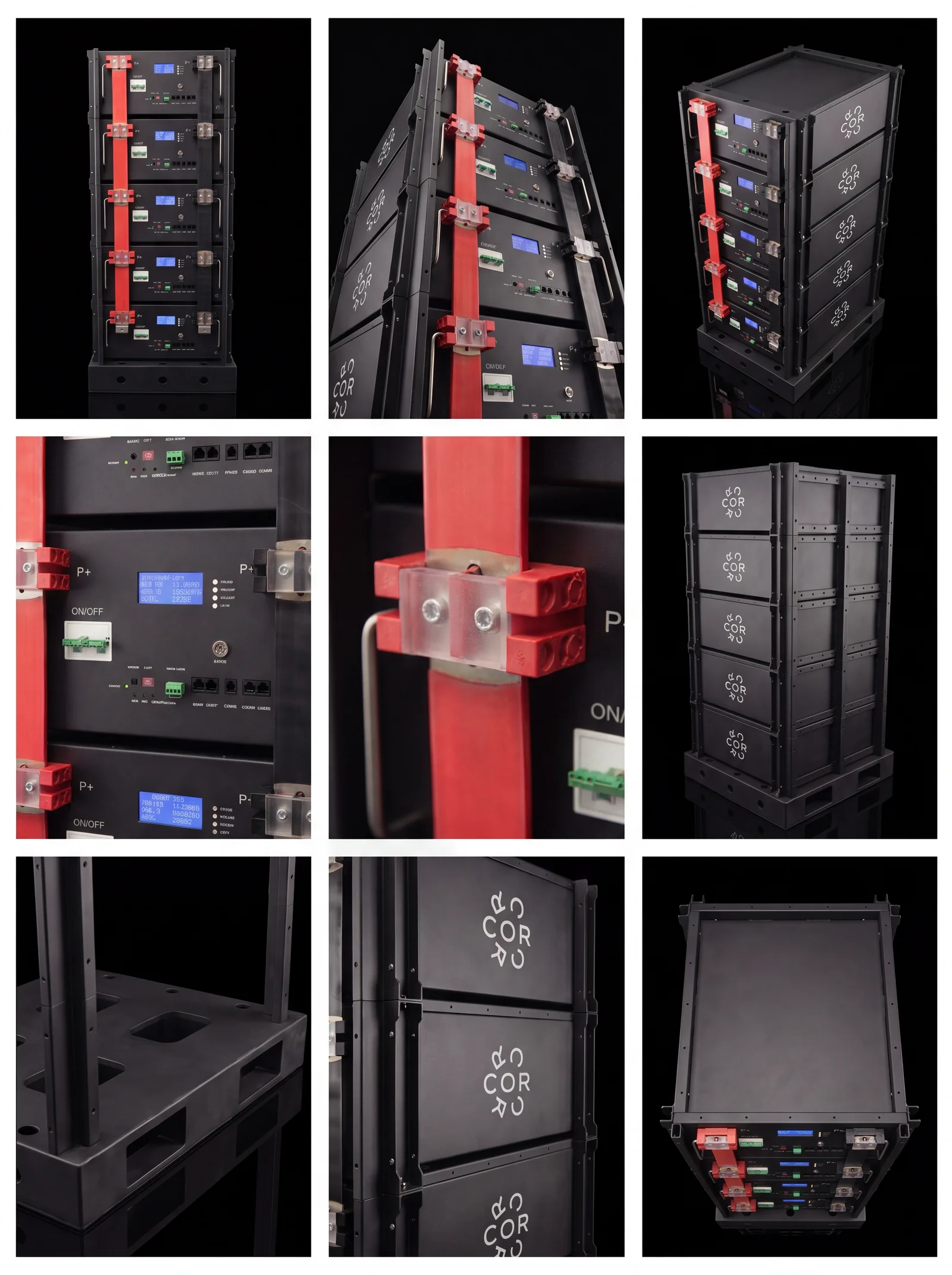 COR.stor Batteriespeicher — Detailansichten des modularen LiFePO₄-Racks