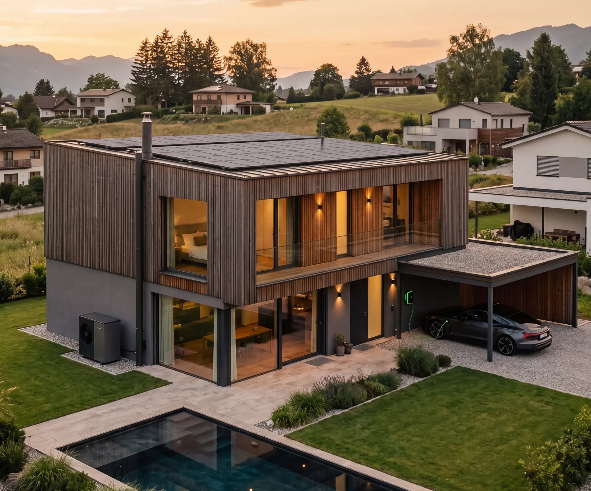 COR.home in der Abendsonne — PV am Dach, Pool im Garten