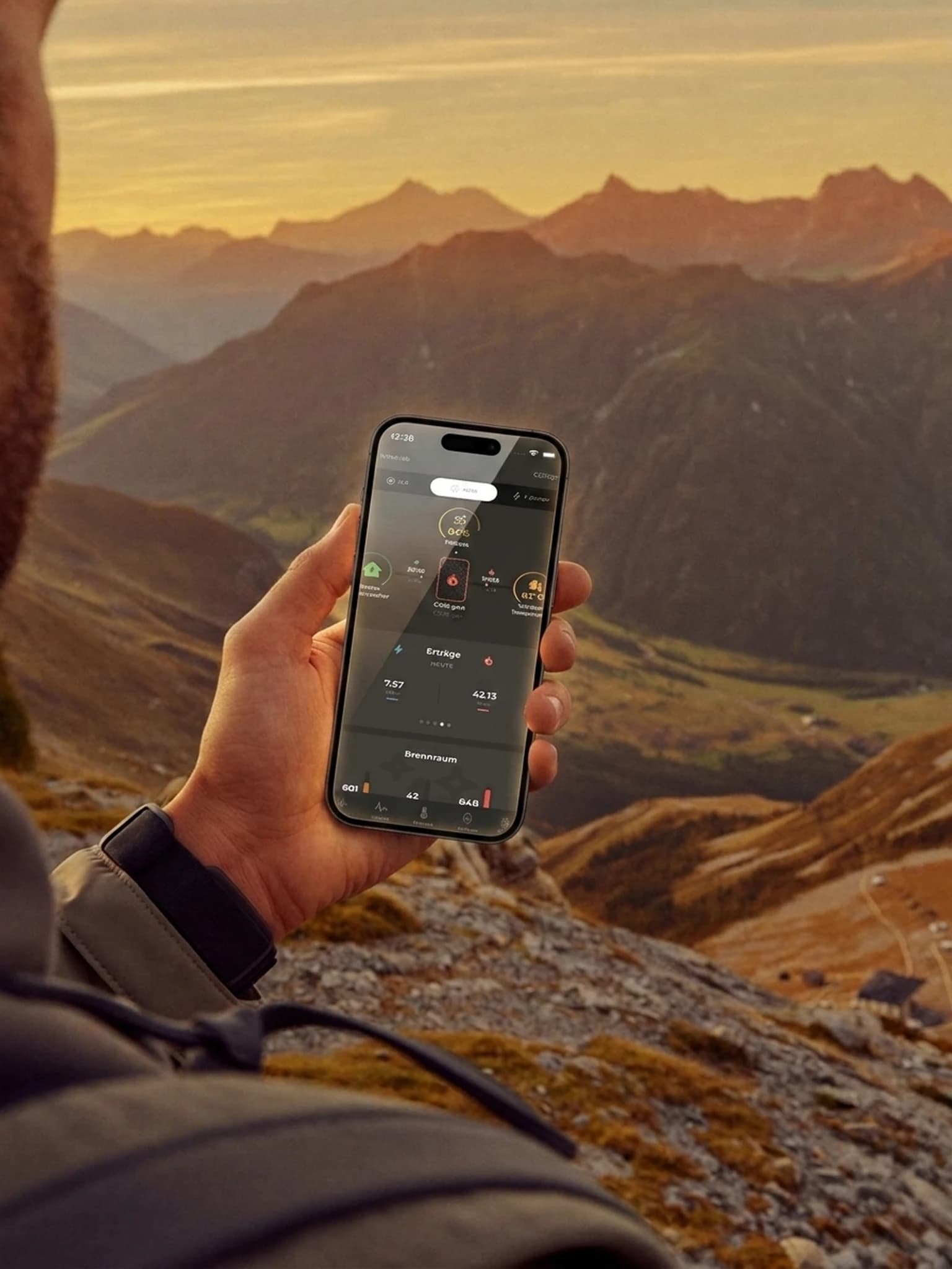 Wanderer am Berg hält iPhone mit der COR-App — Anlagenstatus im Blick