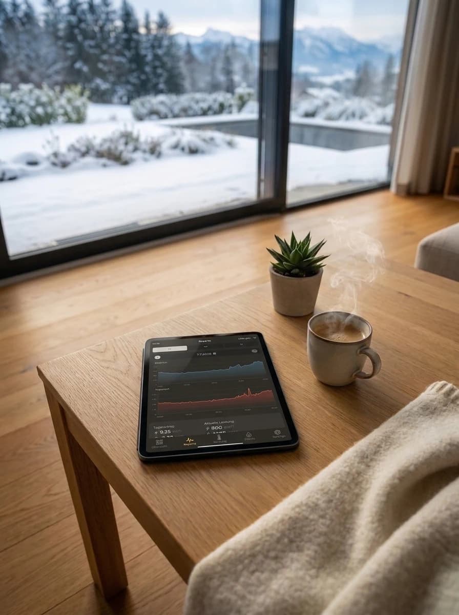 Dunkles COR-Wandpanel mit Energie-Visualisierung in warmem Interieur