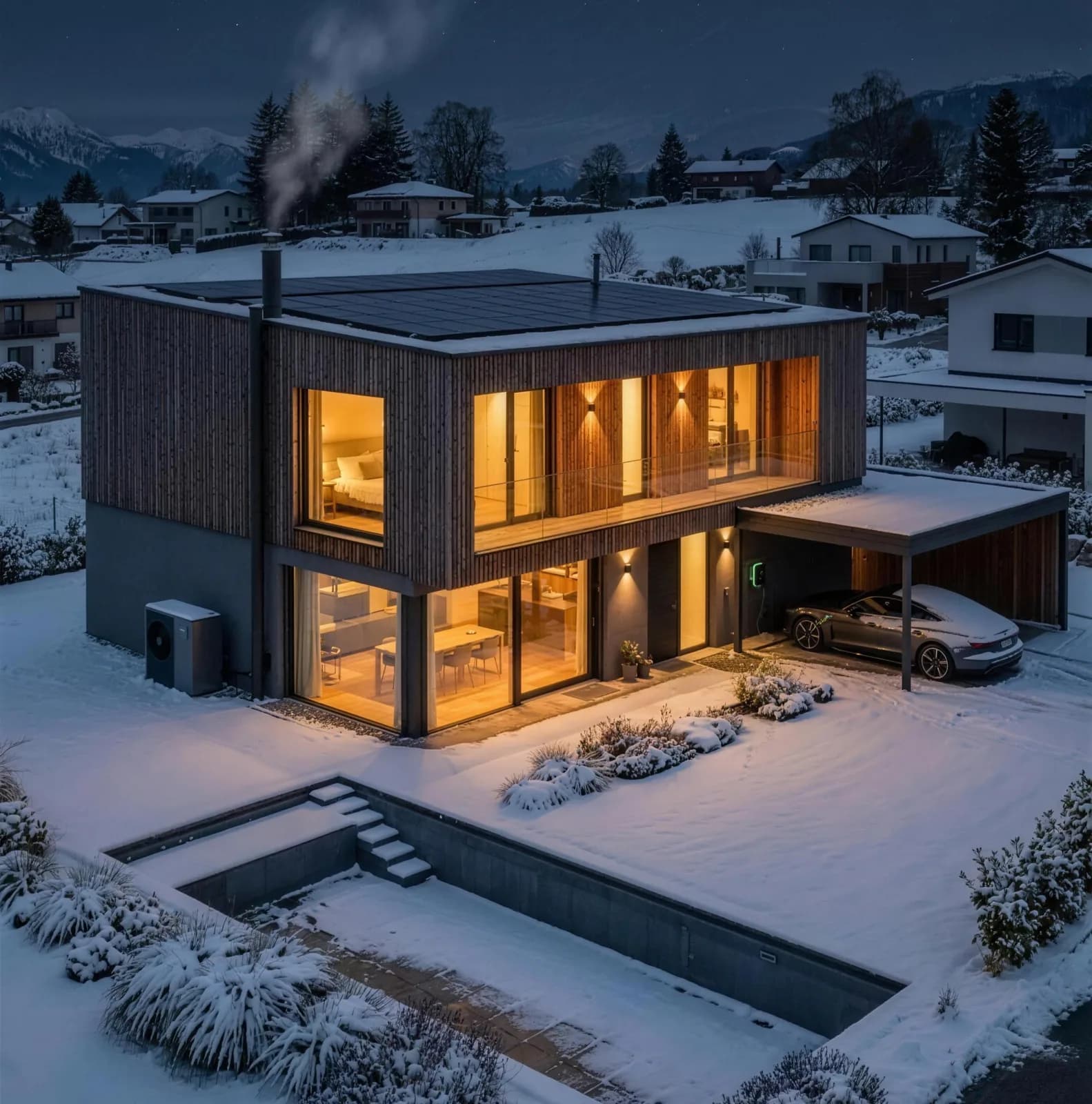 COR.home im Winter: warm erleuchtet mit PV und COR.boost, die Nachbarschaft liegt im Blackout