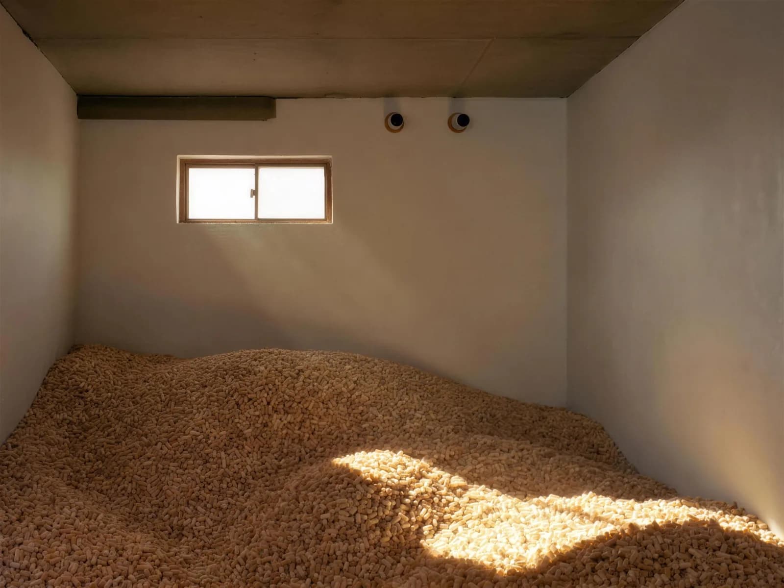 Kleiner Pelletslagerraum, tiefe Sonne fällt durchs Fenster auf die Pellets