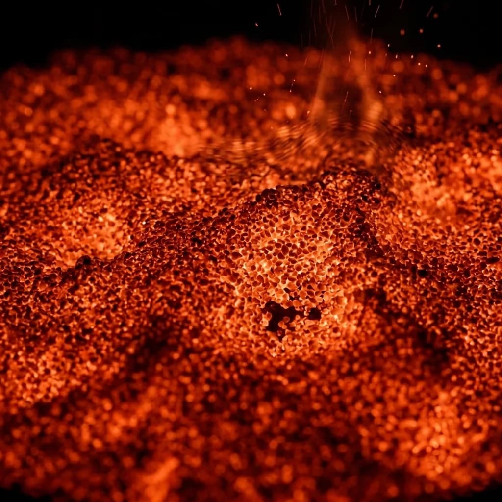 Glühendes Wirbelbett aus Quarzsand — Makroaufnahme mit aufsteigenden Funken