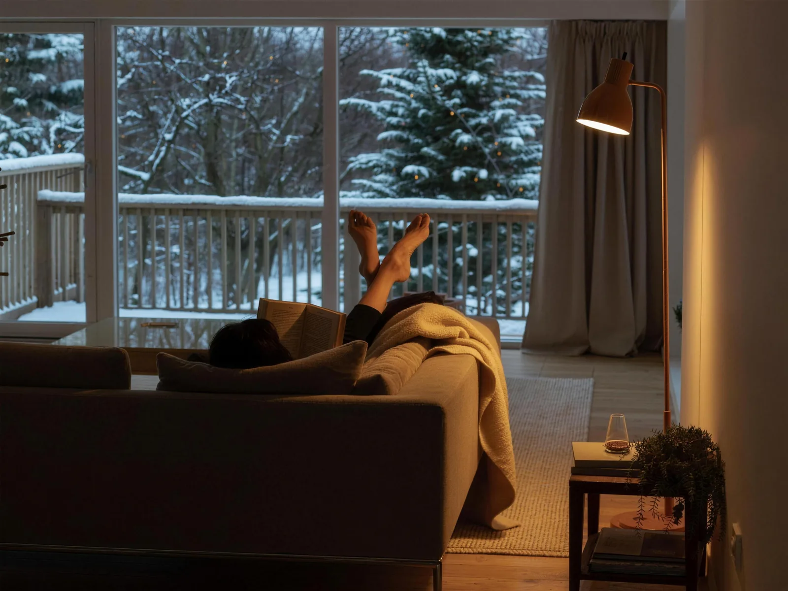 Living room on a winter evening: a person reading on the sofa, a floor lamp lit, snow on the terrace and the trees outside.